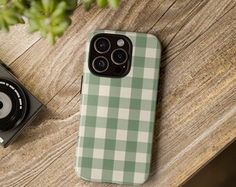 Sage Green Gingham iPhone Case: Vintage Cottagecore Plaid Cover