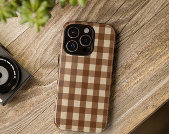 Brunt ginghammönster iPhone-skal: Rutigt, tåligt skal i modern stil från mitten av århundradet