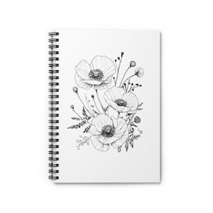 6x8 Monochrome Floral Spiral Notebook, Black and White Poppy Flowers, Ruled Line Journal, Flower Outline Notepad, Writing Pad, Study Planner