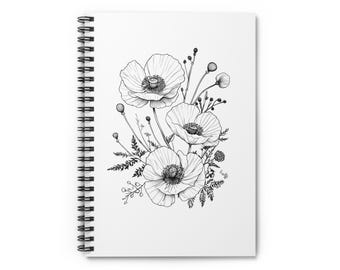 Monochrome Poppy Flower Spiral Notebook: 6x8 Ruled Line Journal
