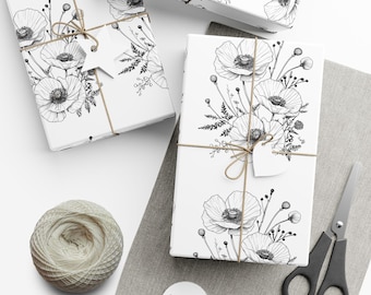 Papel de embrulho floral preto e branco, preto e branco, papel de embrulho elegante, casamentos, chás de bebê, feriados, ocasiões especiais, sacolas de presente