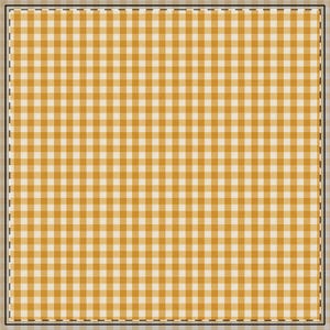 May include: A square, tan and yellow checkered pattern with a stitched border. The pattern is a classic gingham design, with evenly spaced squares of alternating colors. The border is a thin, dark line with a dashed stitch effect.