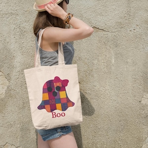 Spooky Ghost Cotton Canvas Tote Bag: Halloween Trick or Treat Bag
