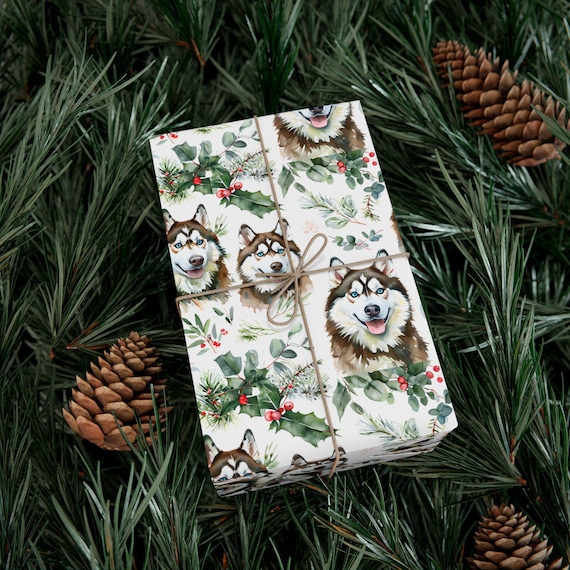 Red Husky Gift Wrap | Holiday Holly and Berries Wrapping Paper