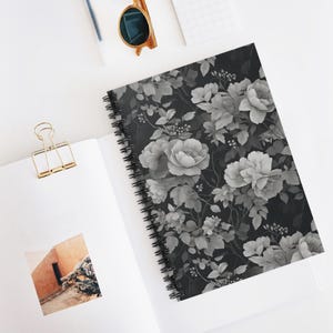 6&quot; x 8&quot; Monochrome Floral Spiral Notebook, Black and White Journal, Floral Pattern Notebook, Lined Paper Notepad, Botanical Planner