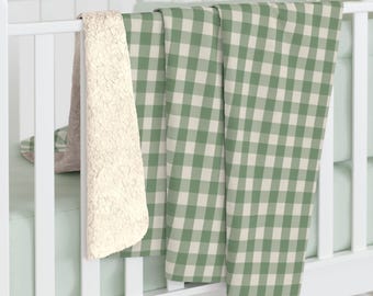 Sage Green Gingham Sherpa Fleece Blanket: Warm Plush Throw