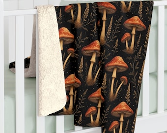 Mushroom Sherpa Fleece Blanket: Cozy Cottagecore Fall Decor