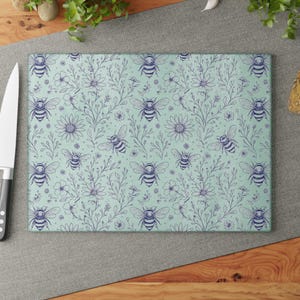 Glass Cutting Board, Kitchen Decor, Floral Bee Design, Wedding Registry Essentials, Unique Kitchen Gift, Bumble Bee pattern, gift for her