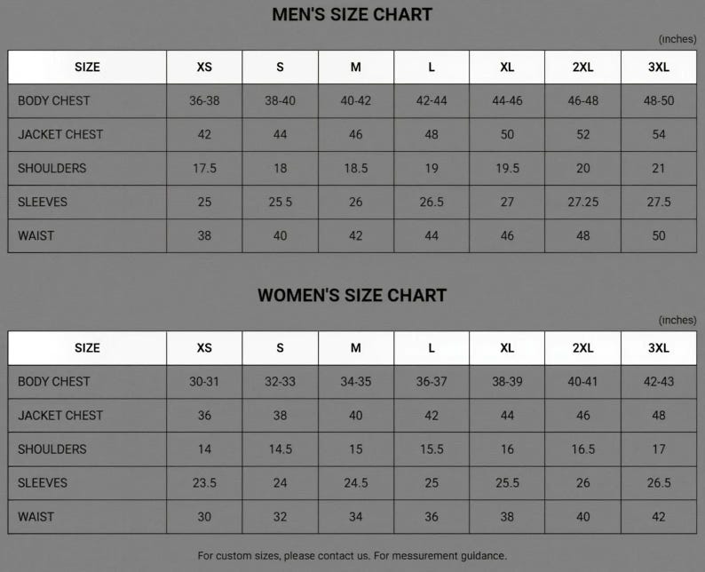K&ouml;nnte beinhalten: Eine Gr&ouml;&szlig;entabelle f&uuml;r Herren- und Damenbekleidung mit Ma&szlig;en in Zoll. Die Tabelle umfasst die Gr&ouml;&szlig;en XS bis 3XL und gibt detaillierte Angaben zu Brustumfang, Jackenbrustumfang, Schultern, &Auml;rmeln und Taille. Der Text unten lautet: "F&uuml;r Sondergr&ouml;&szlig;en kontaktieren Sie uns bitte."