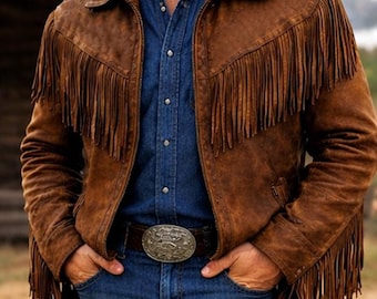 Men's Vintage Fringe Leather Western Jacket Handmade Cowboy Rodeo Style