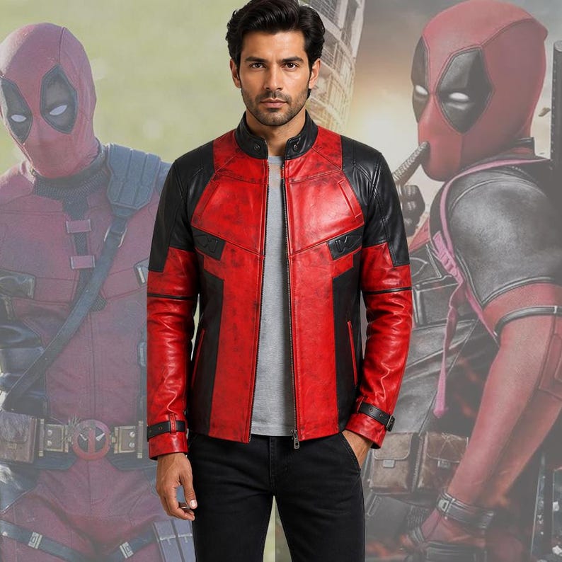 K&ouml;nnte beinhalten: Rote und schwarze Lederjacke mit Stehkragen und Rei&szlig;verschluss. Die Jacke hat schwarze Eins&auml;tze an Schultern und &Auml;rmeln. Der Hintergrund zeigt ein verschwommenes Bild einer Figur in einem rot-schwarzen Kost&uuml;m.