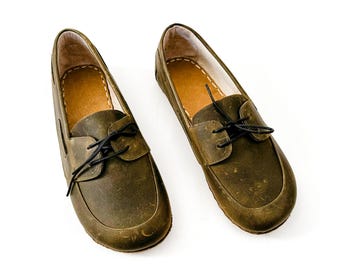 Chaussure de mise à la terre minimaliste pour femme, Chaussures de mise à la terre en cuir, Rivet en cuivre, Style pieds nus, Vert olive