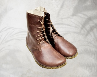Grounding Handmade Leather Women Boot: Zero Drop, Barefoot Shoes - Classic Brown