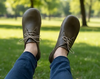 Barefoot Shoes Women, Earthing Grounded Shoe, Handmade Leather Shoes - OLIVE GREEN