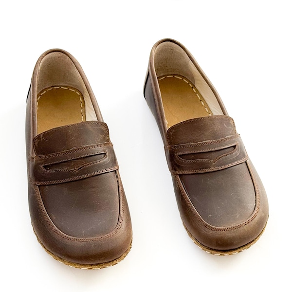 Handmade Grounding Shoe Women, Genuine Leather Shoes, Copper Rivet, Barefoot Style, Bitter Brown