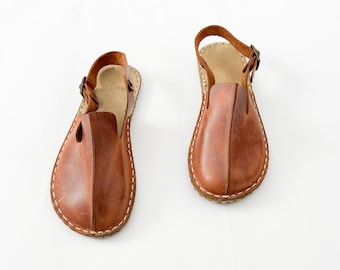 Sandalias de cuero hechas a mano: Barefoot Comfort Crazy Brown Sandals, suela de cobre