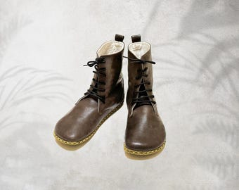 Grounding Handmade Leather Women Boot: Zero Drop, Barefoot Shoes - Bitter Brown