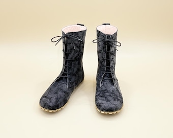 Grounding Handmade Leather Women Boot: Zero Drop, Barefoot Shoes - Black Bright Patterned