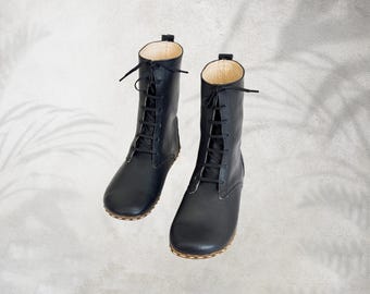 Grounding Handmade Leather Women Boot: Zero Drop, Barefoot Shoes - Black