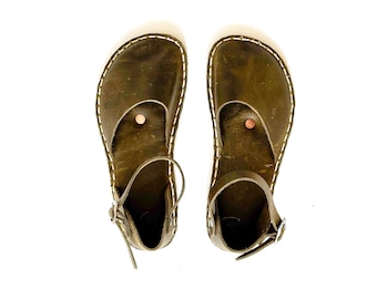 Sandali a piedi nudi in pelle fatti a mano: scarpe Earthing Grounding, rivetti in rame - verde oliva