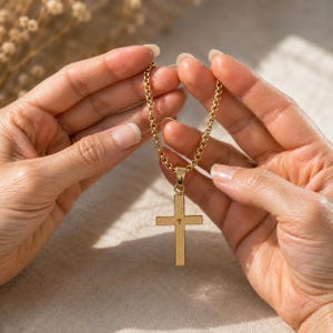 Gold Plated Stainless Steel Lord's Prayer Cross Pendant Necklace