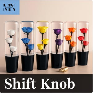 Peut inclure: Six pommeaux de levier de vitesses avec des roses colorées dans des tubes transparents. Les roses sont blanches, bleues, jaunes, violettes, oranges et rouges. Chaque pommeau a une base noire et un dessus transparent. Le texte "Shift Knob" est en bas.
