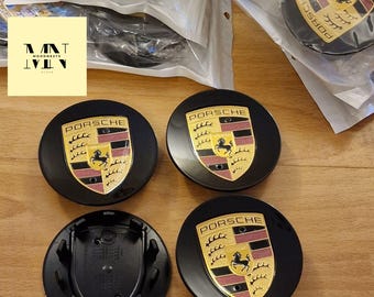 Set of 4 Wheel Centre Caps, Black & Gold 76mm, 65mm Hubcaps, Car Rim Emblem Covers, Waterproof Wheel Accessories