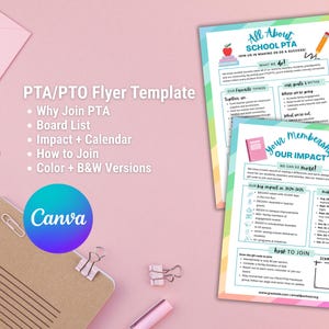 Editable PTA flyer template with color + B&W versions. Share why join, your board, impact, calendar, join info. Perfect for open houses!