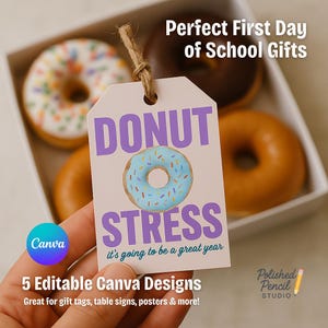 May include: A gift tag with the words "DONUT STRESS" and a blue donut graphic, held in front of a box of donuts. The tag also says "it's going to be a great year" and "5 Editable Canva Designs". The donuts are glazed and have sprinkles.