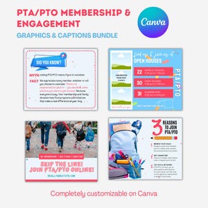 May include: A collection of PTA/PTO membership and engagement graphics and captions. The graphics provide information on open houses, online PTA/PTO joining, and the advantages of membership. The Canva logo is in the top right corner.