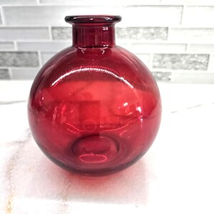 Vintage Ruby Red Small Handblown Decorative Round Sphere Shaped Bud Vase 5"