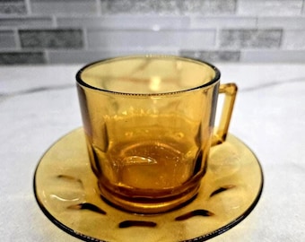 Vintage Arcoroc France Durand Petale Amber Thumbprint Teacup & Saucer Plate