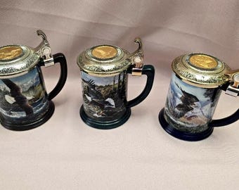Franklin Mint Eagle Beer Steins, Ted Blaylock Collection, Mountain Landscape, Pewter Lid