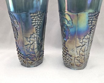 Indiana Carnival Glass Tumbler Glasses Set 2 Blue "Harvest Grape"