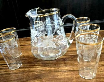 MCM Bartlett Collins Set 6 Tumblers/Pitcher Etched Frosted Grape Leaf Gold Trim 1940