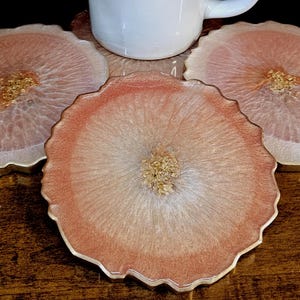 Peach Resin Coasters with Gold Flakes – Grapefruit Slice Design, Set of 2 or 4, Handmade Citrus Drink Coasters