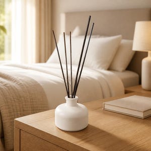 May include: A white ceramic reed diffuser bottle with a rounded base and a narrow neck, containing several thin, dark brown wooden reeds extending upwards. The vessel has a smooth, matte finish and sits upright, showcasing a simple, clean design.