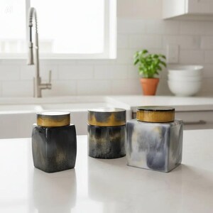 Glass-Like Resin Jar Set: Onyx, Graphite & Brass Lids - Modern Storage