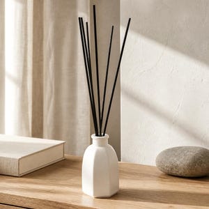 May include: A white ceramic diffuser bottle with a faceted, hexagonal base and a narrow neck. Several thin, straight black reed sticks are inserted into the top of the bottle, extending upwards in a fan-like arrangement from the center opening.