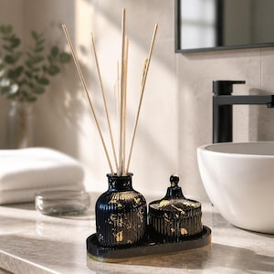 Navy Blue with Gold Glass-Like Resin Diffuser & Jar| Decorative Fragrance Set | Home Décor Accent