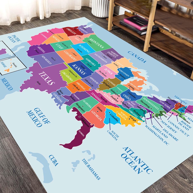 Sample Area Rug Labels USA Map Rug, Kids Educational Carpet, Bright States Area Rug, Classroom ...