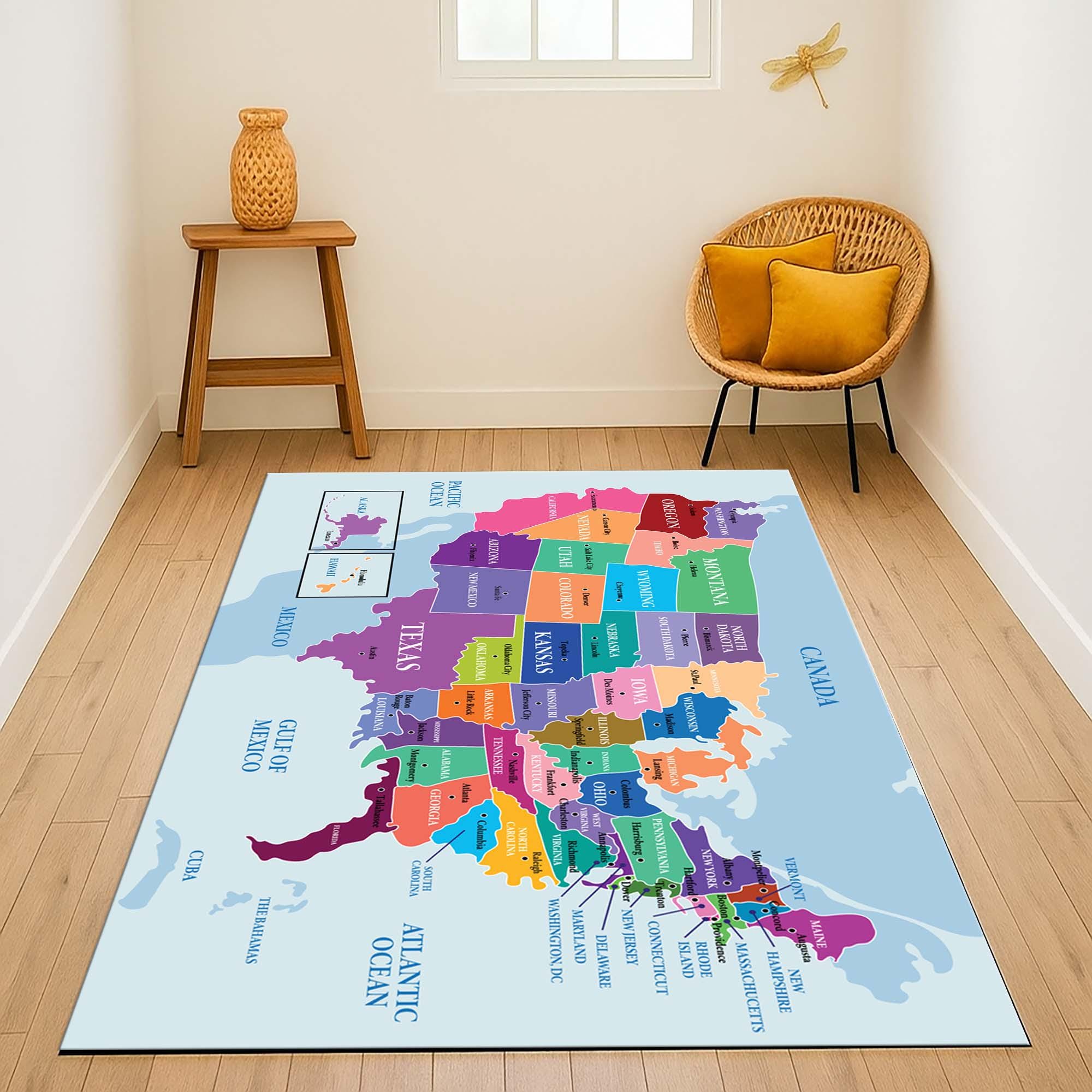 USA Map Rug, Kids Educational Carpet, Bright States Area Rug, Classroom ...