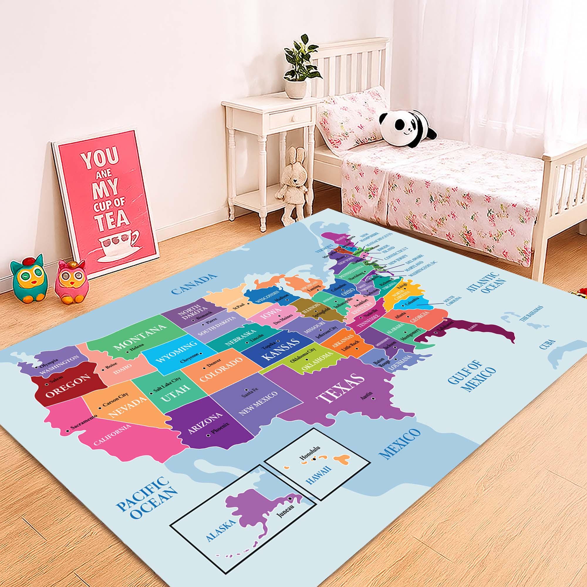 USA Map Rug, Kids Educational Carpet, Bright States Area Rug, Classroom ...
