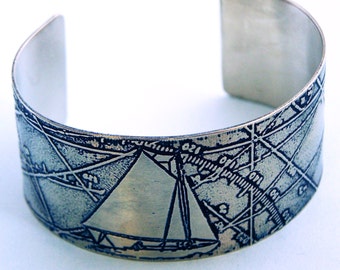 A Following Sea - Etched Nickel Silver Nautical Art Jewelry Cuff Bracelet - anniversary - wedding