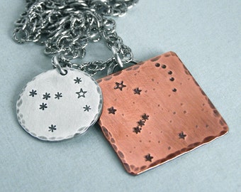 Constellation Necklace - Orion and Canis Major - Hand Stamped Copper and Sterling Silver