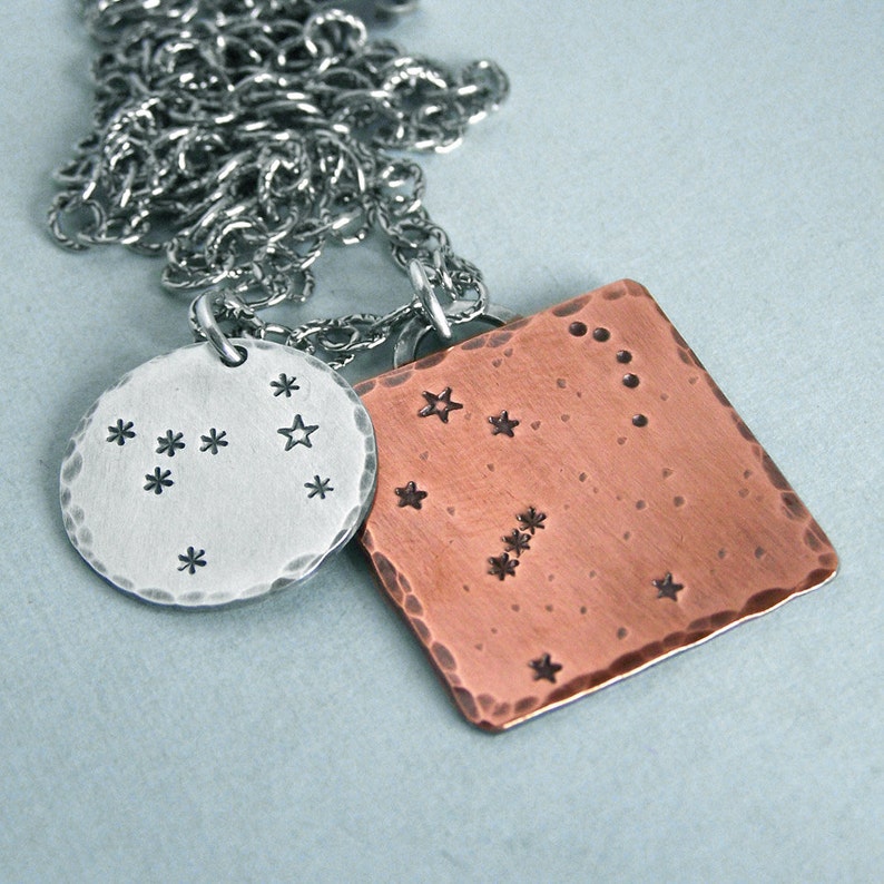 Constellation Necklace Orion and Canis Major Hand Stamped Copper and Sterling Silver image 1