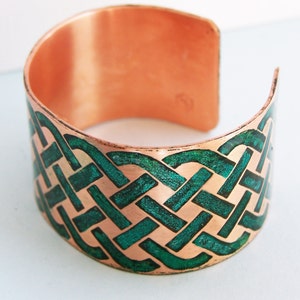 Celtic Weave Etched hand colored copper cuff bracelet image 3