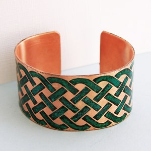Celtic Weave Etched hand colored copper cuff bracelet image 2