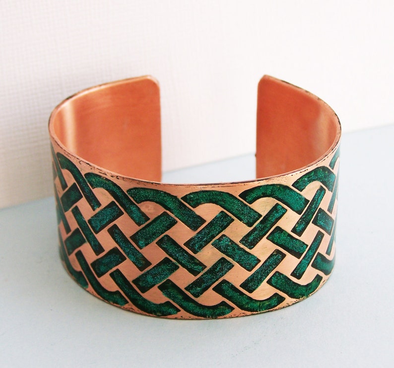 Celtic Weave Etched hand colored copper cuff bracelet image 2