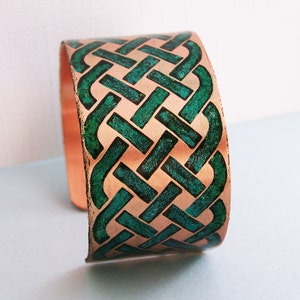 Celtic Weave - Etched hand colored copper cuff bracelet